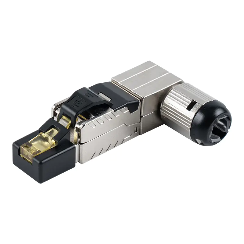 Cat7 skjermet verktøyløs RJ45-kontakt (90-graders vinkel ved enden) RJ-G90S-1-C7